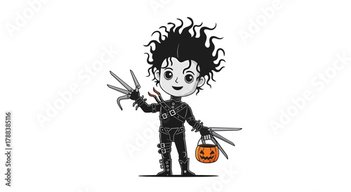 Cartoon rendering of a character with scissor blades and a pumpkin bucket standing