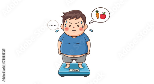 Cartoon overweight man standing on scale with thoughts of healthy food choices concept