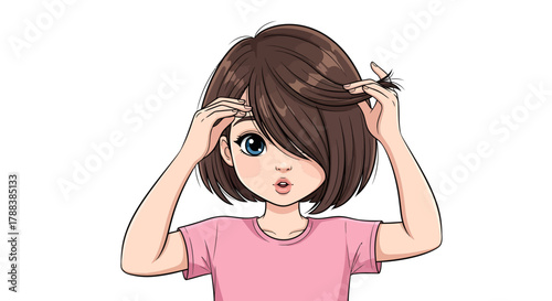 Cartoon portrait of a young girl touching her bangs to see if they are too long or need a trim