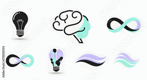 Creative mental health and innovation symbols showing brain, lightbulb, infinity sign, and abstract flowing shapes