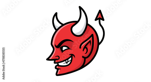 Cartoon rendering of a smiling red devil head isolated on white backdrop graphic