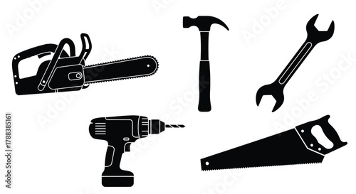 Black silhouette icons of a chainsaw hammer drill wrench and handsaw