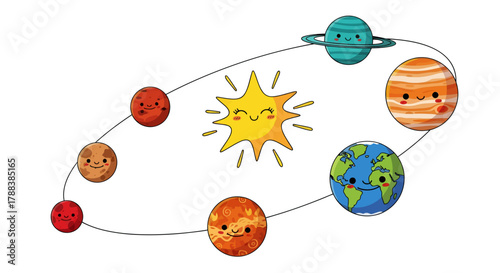 Cartoon solar system illustration with smiling planets orbiting a happy sun drawing
