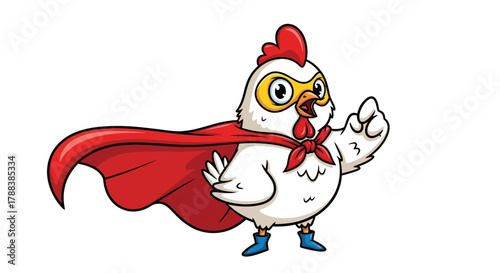 Cartoon superhero chicken wearing cape illustration on clean white backdrop character