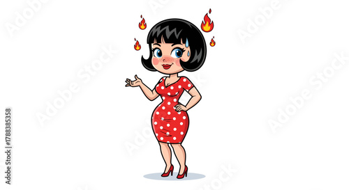 Cartoon woman feeling very hot and bothered surrounded by flames in her head