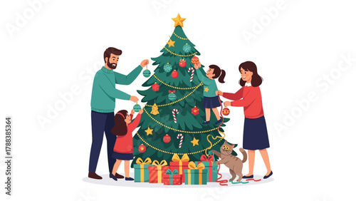 Family Christmas Celebration: A close-knit family decorates a Christmas tree, creating a scene of warmth, love, and holiday spirit, filled with joy and anticipation