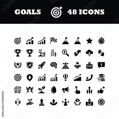 Achieve your business ambitions with this stunning collection of 48 modern icons representing goals, success, growth, and achievement, perfect for presentations and digital projects.