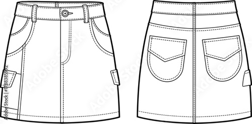 Cargo mini skirt fashion flat sketch, CAD technical drawing, vector illustration of pocket skirt front and back view, apparel design template