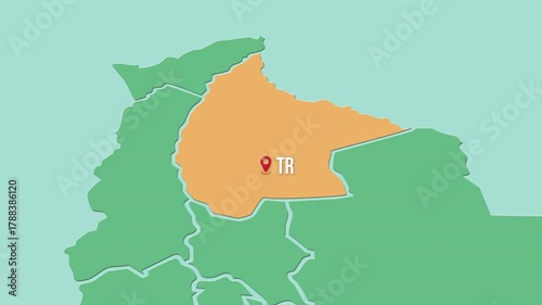 Mapa de Bolivia con división política resaltando el Departamento  Beni con su capital Trinidad