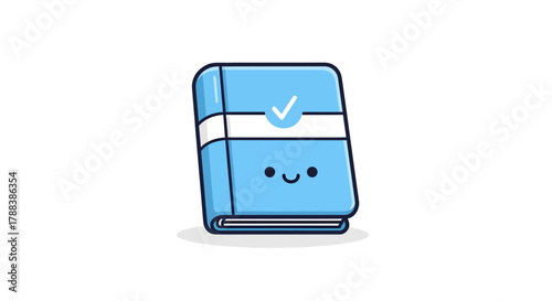 Charming cartoon style blue book with a smiling face and tick signifies completion