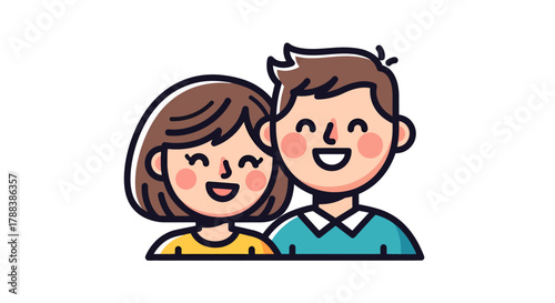 Charming cartoon illustration of a happy young couple with beaming smiles and rosy cheeks