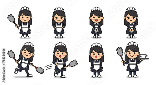Charming Cartoon Maid Character Set in Various Poses and Expressions for Versatile Use