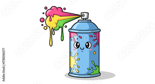 Charming cartoon spray can with kawaii eyes emits a vibrant burst of colorful paint