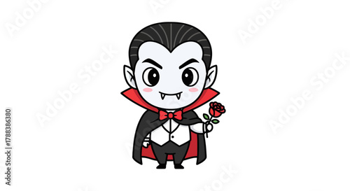 Charming cartoon vampire with classic costume holding a red rose in celebration