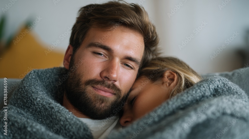 Obraz premium Couple snuggled together under a cozy blanket, sharing a warm moment on the couch.
