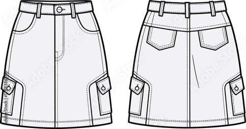 Cargo mini skirt technical flat, denim pocket skirt front and back view, fashion CAD design, vector template illustration