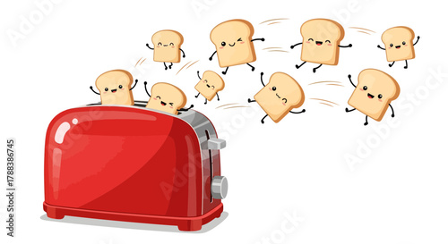 Cheerful toast slices joyfully popping from a vibrant red toaster, spreading breakfast happiness