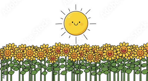 Cheerful sunflowers field under the smiling sun illustration creating a delightful and joyous