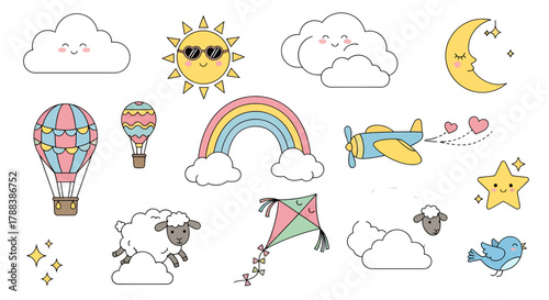 Cheerful whimsical sky themed cartoon illustrations for children's designs projects