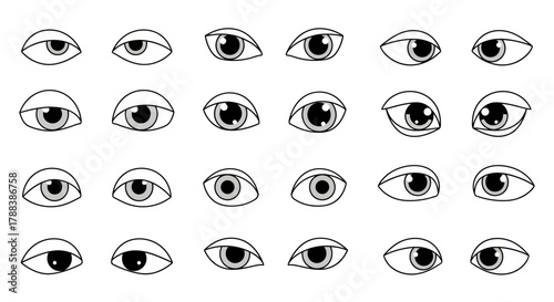 Collection of cartoon eyes with varied gaze directions on white background creating engaging