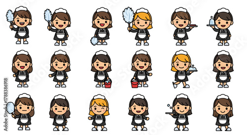 Collection of diverse adorable cartoon maids in black dresses engaging in various cleaning