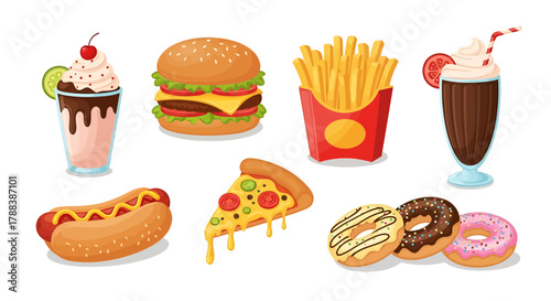 Colorful cartoon fast food menu featuring burger fries pizza donuts and sweet drinks