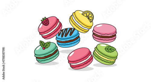 Colorful macarons assortment with various flavors illustration, whimsical dessert design