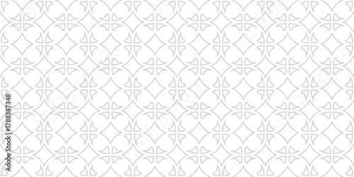 Subtle geometric seamless pattern with oriental arabesque motifs. Minimal background texture featuring quatrefoil lattice, star grid design. Light ornament for wallpaper, packaging, home decor, print