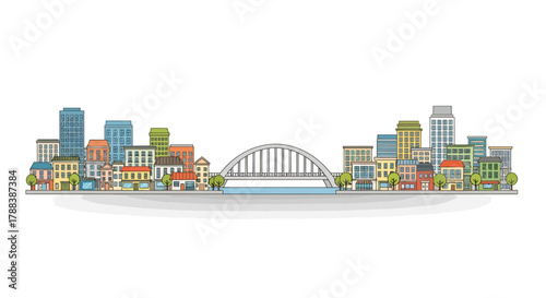 Colorful Urban Landscape with Buildings and Arched Bridge for Design and Illustration