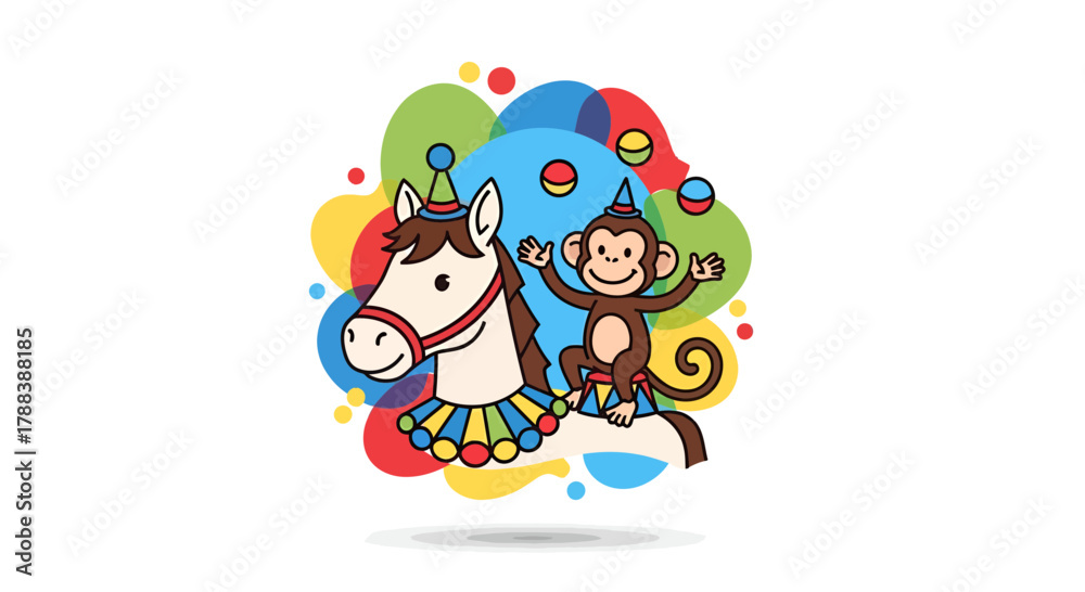 Fototapeta premium Delightful circus scene with a horse and monkey juggling, designed for children's entertainment