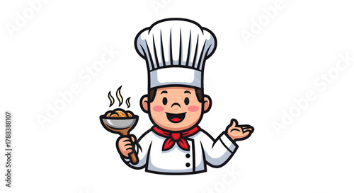 Delightful Cartoon Chef Mascot Presenting a Steaming Dish with a Friendly Smile