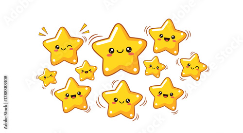 Delightful star characters with unique expressions floating joyfully on white