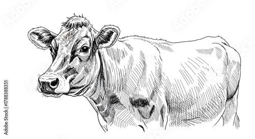 Detailed ink drawing of a cow in a realistic style, showcasing intricate linework and shading