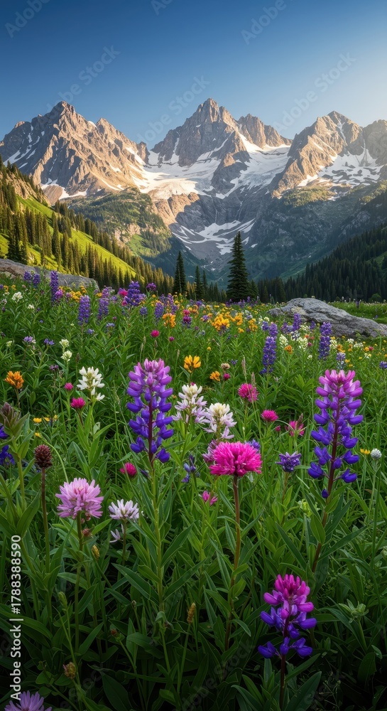Fototapeta premium Close up of colorful mountain meadow flowers set against a background of towering, snow-dusted, jagged western peaks in bright sunlight, wildflower, mountain, dramatic