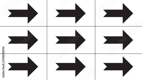 Nine identical black arrows pointing to the right in a grid layout right arrow direction