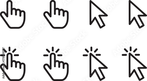 Outline Hand Cursor and Arrow Pointer Icons on White Background click