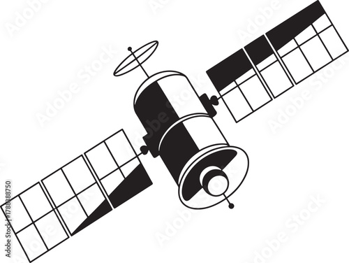 Satellite with solar panels in space line art illustration orbit technology