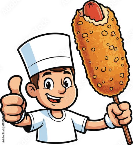 Happy cartoon chef holding crispy corn dog on stick, smiling cook character giving thumbs up, delicious fast food illustration design