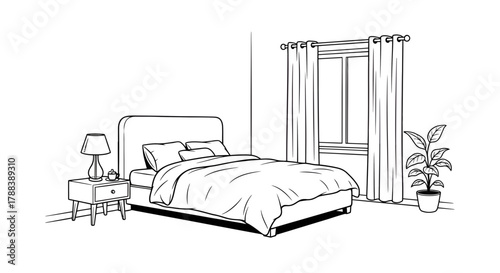 Elegant bedroom interior sketch with comfortable bed side table window and plant