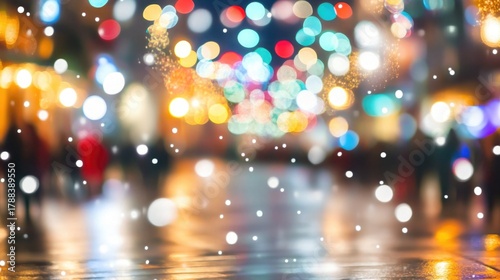 A blurred city street scene with colorful bokeh lights and falling snowflakes.