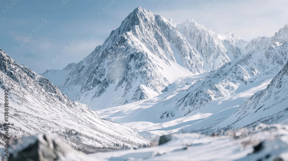 Obraz premium Aerial view of majestic snowy mountains showcasing rugged peaks and serene valleys, capturing the essence of untouched wilderness and natural beauty