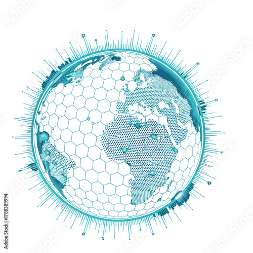 Digital Earth Globe Vector with Hexagonal Grid and Data Connections Global Technology Concept