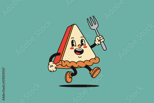 Happy cartoon pie slice character holding a fork ready to eat.
