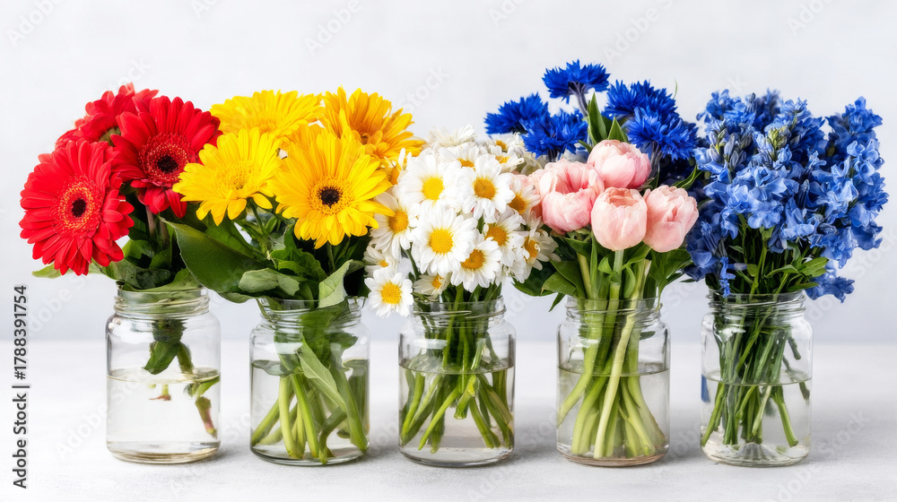 Fototapeta premium Colorful blossoms arranged in glass cups, creating a whimsical floral display with vibrant hues and airy atmosphere, perfect for cheerful decor