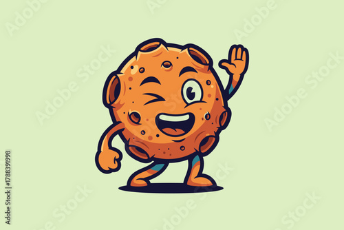 Adorable cartoon asteroid character waving and winking with a fr