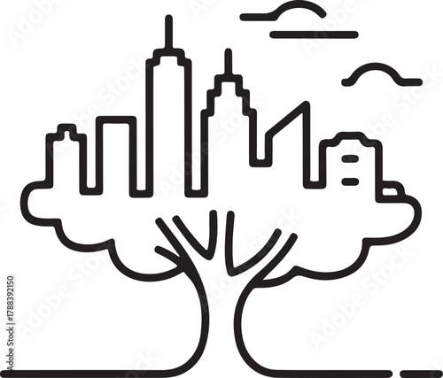 Tree to city skyline transformation line art