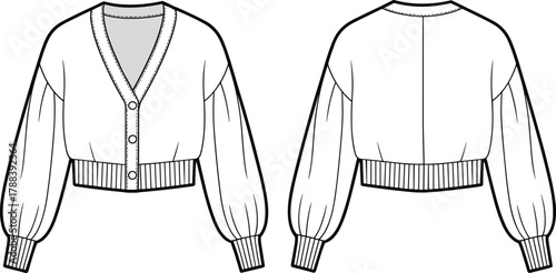 Fashionable cropped cardigan sweater technical flat sketch, front and back view, stylish balloon sleeves, vector fashion design illustration, apparel template