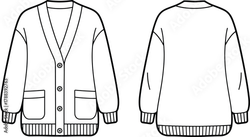 Front and back view cardigan flat sketch, fashion CAD drawing vector, technical illustration of knitwear design, button sweater template design