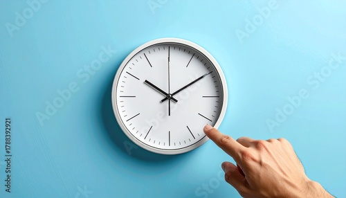 Minimalist white clock on light blue wall with hand touching it indicating time passage
