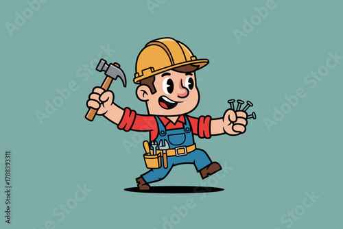 Happy Cartoon Construction Worker with Hammer and Nails.